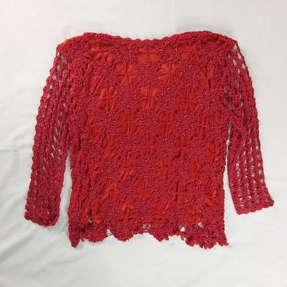 Y2k Red Crochet Layered Crop Sheer Sleeve Satin and Knit Top - Picture 2 of 5
